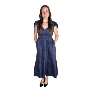 NALA Blue Purple Geometric Cut Out Midi Dress Tiered Skirt Women's Size Small